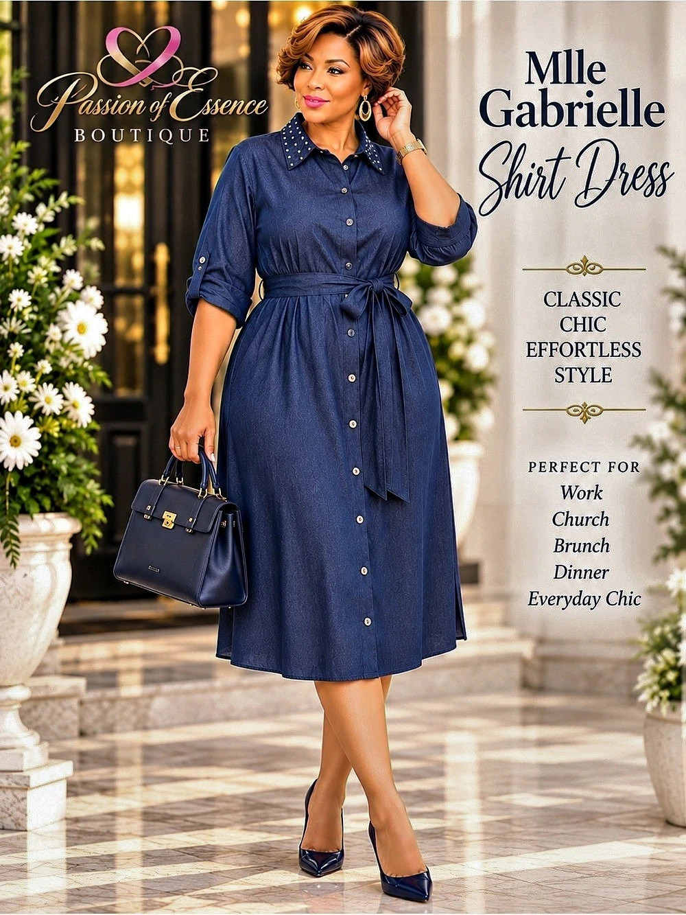 Mlle Gabrielle Plus 1X Denim Look Rhinestone Collar Shirt Dress Belted
